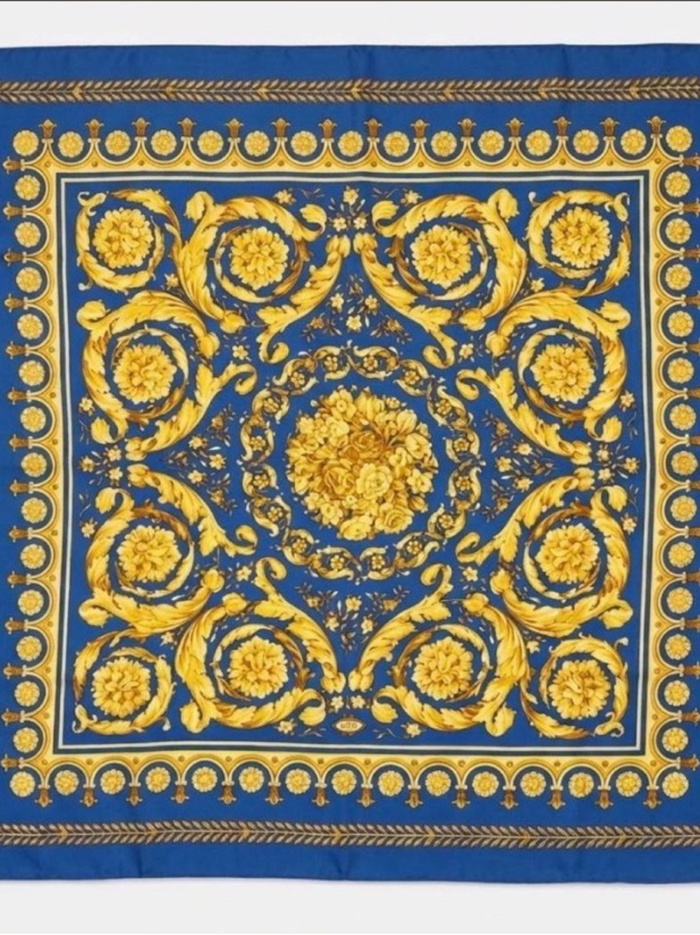 Versace Blue and Gold Baroque Silk Scarf